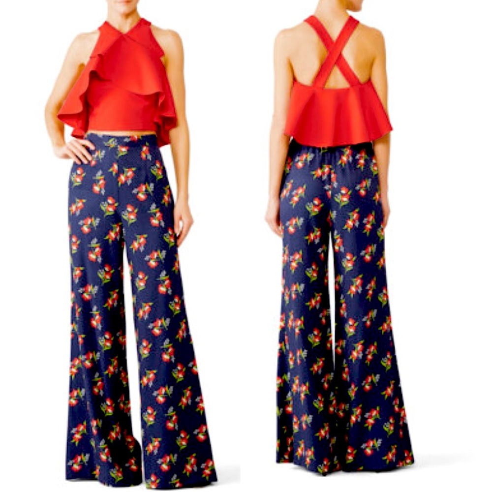 Jill Stuart Blue Wide Leg Floral Pants